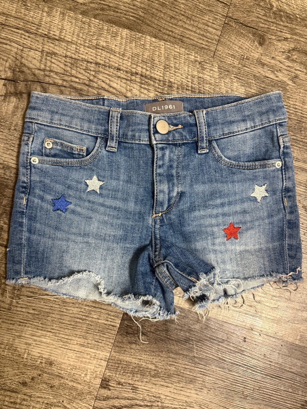 DL1961 Girls Red White & Blue Embroidered Star Print Frayed Denim Shorts